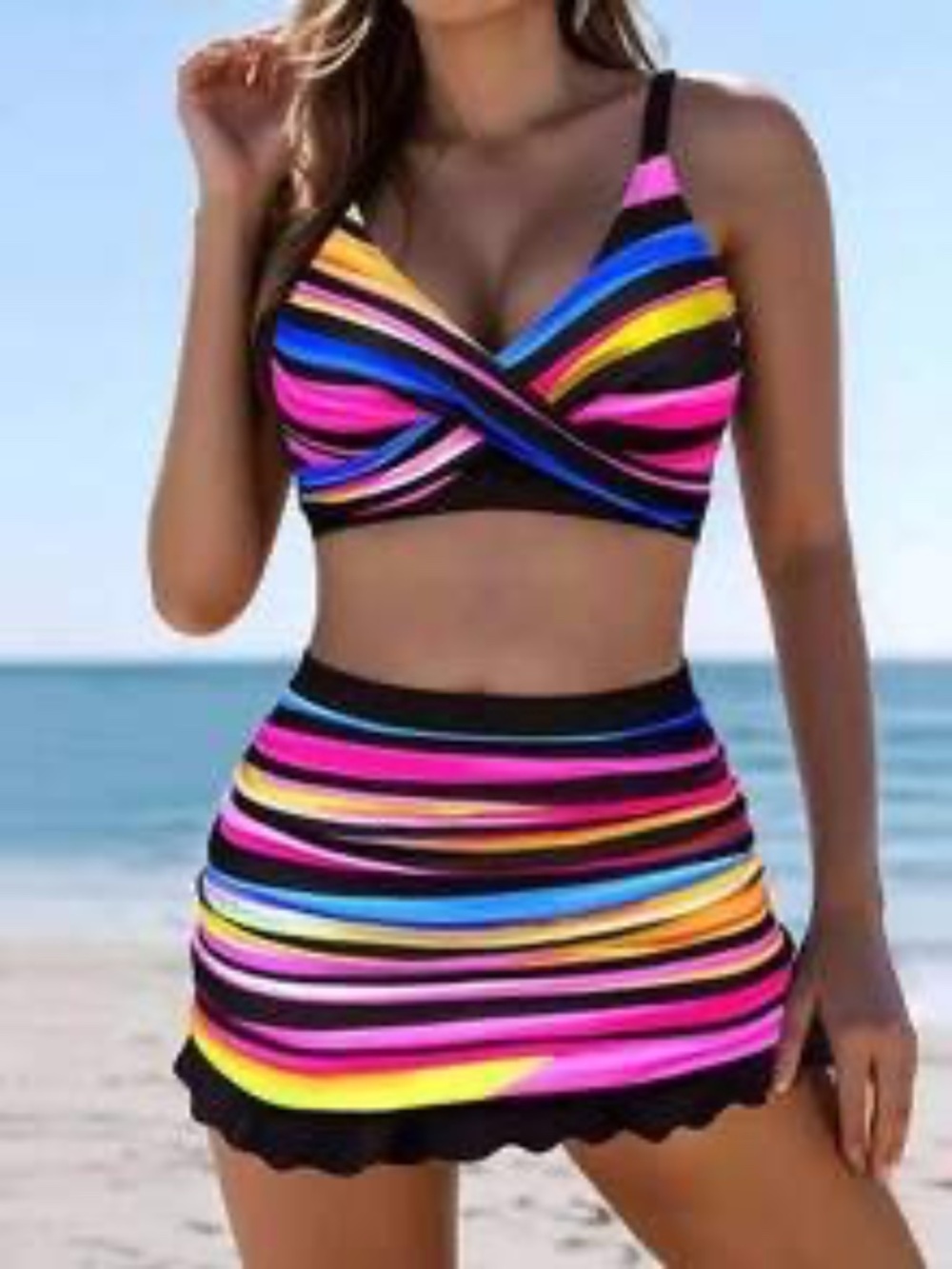 SHEIN 3-Piece Colorful Striped Women's Bikini Set, Essential For Spring/Summer: